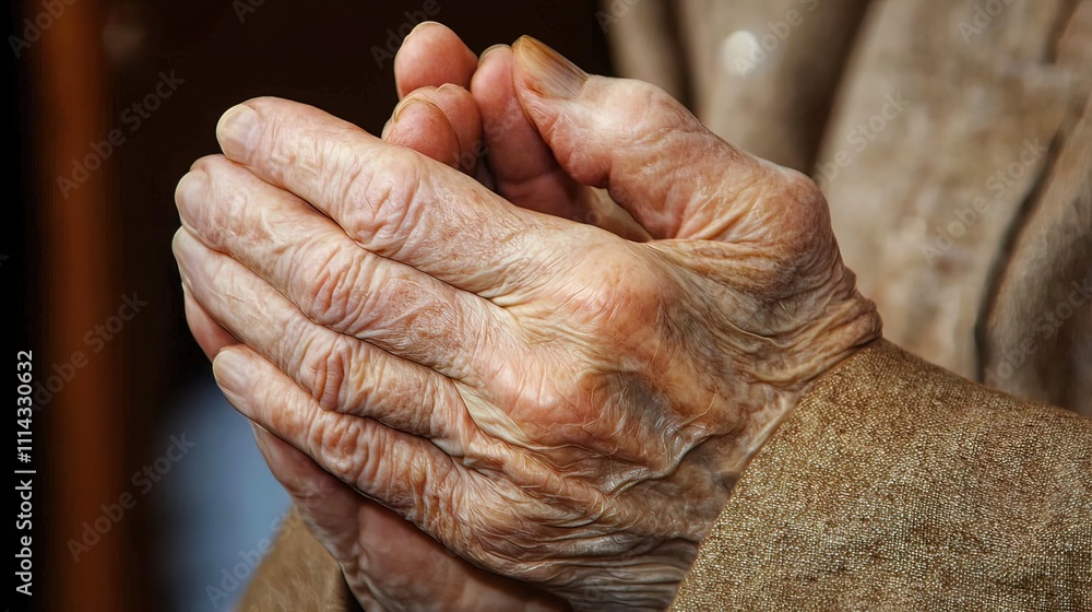 Fototapeta premium Close-up of elderly person's hands clasped together, showing age and wrinkles.