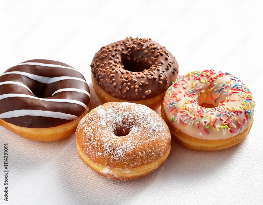 Assorted donuts with chocolate, sprinkles, and powdered sugar on a white background Assorted donuts with chocolate, sprinkles, and powdered sugar on a white background