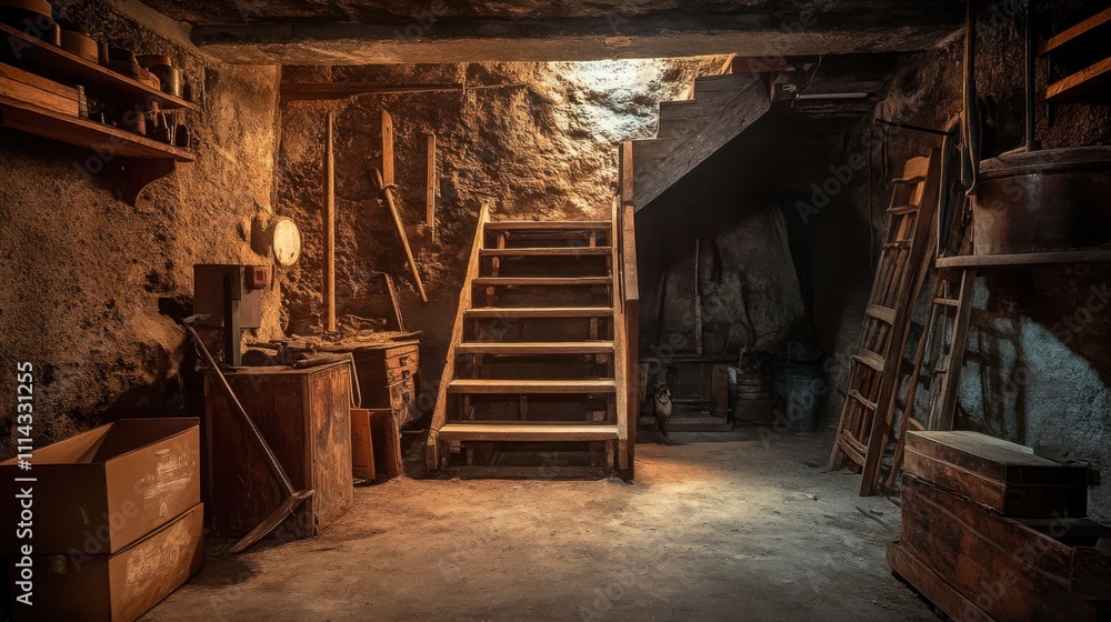 basement with a hidden trapdoor partially open, revealing stairs leading to a secret room basement with a hidden trapdoor partially open, revealing stairs leading to a secret room