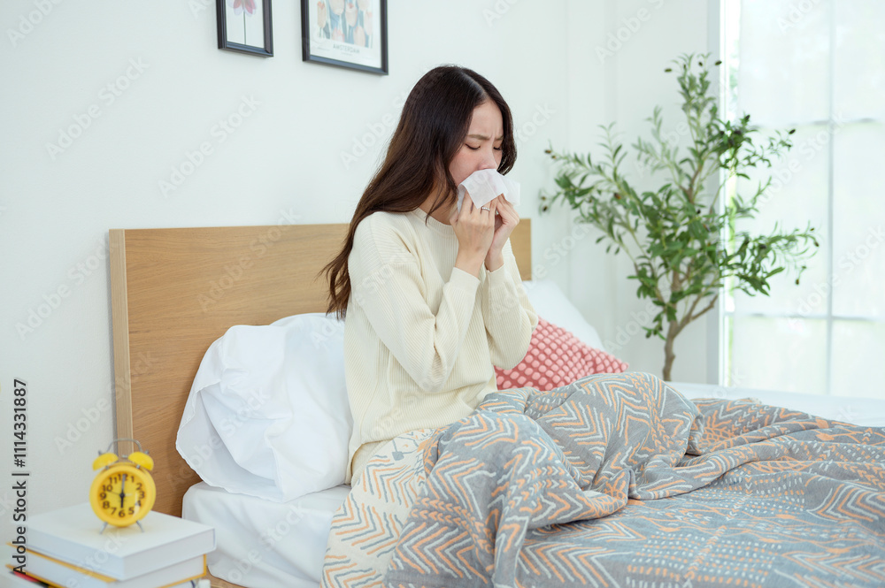 Young asian woman feeling sick in her bedroom Young asian woman feeling sick in her bedroom