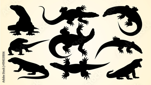 Silhouettes of Komodo dragon lizards in dynamic poses, highlighting their agility, unique shapes, and reptilian traits.