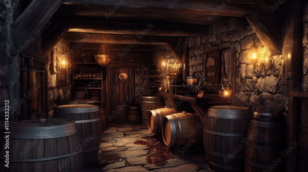 a rustic basement filled with wooden barrels, some leaking with wine a rustic basement filled with wooden barrels, some leaking with wine