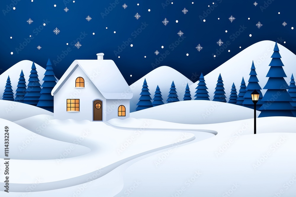 A tranquil winter setting featuring snow, holiday lights, and a snug atmosphere. A tranquil winter setting featuring snow, holiday lights, and a snug atmosphere.
