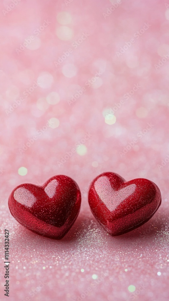 Fototapeta premium Two sparkling red hearts create a romantic atmosphere against a soft pink backdrop