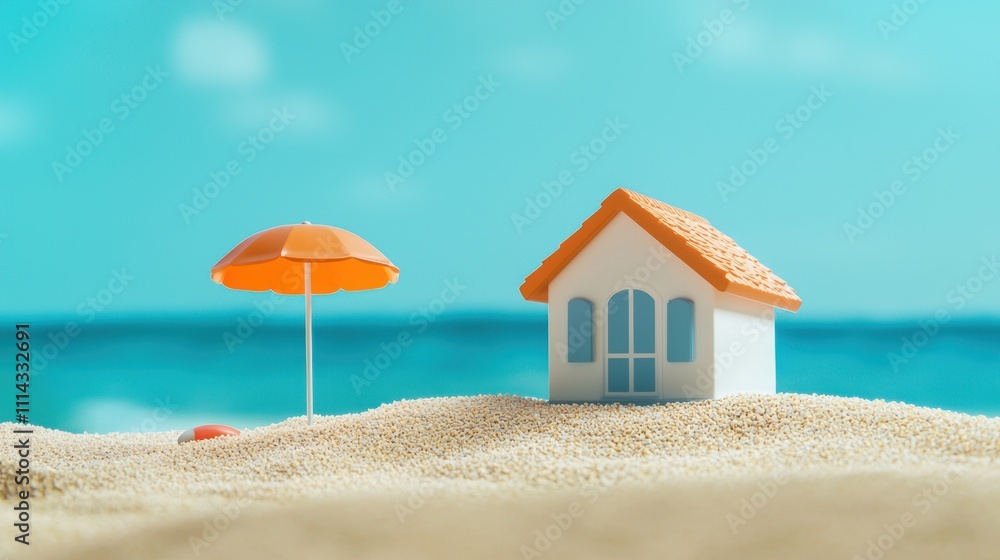 Fototapeta premium A miniature beach scene featuring a small house and an umbrella on sandy shorelines, with a backdrop of calming blue waters.