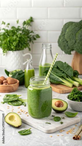 Fresh Green Smoothie Preparation in a Vegan Kitchen With Healthy Ingredients and Natural Light. Generative AI