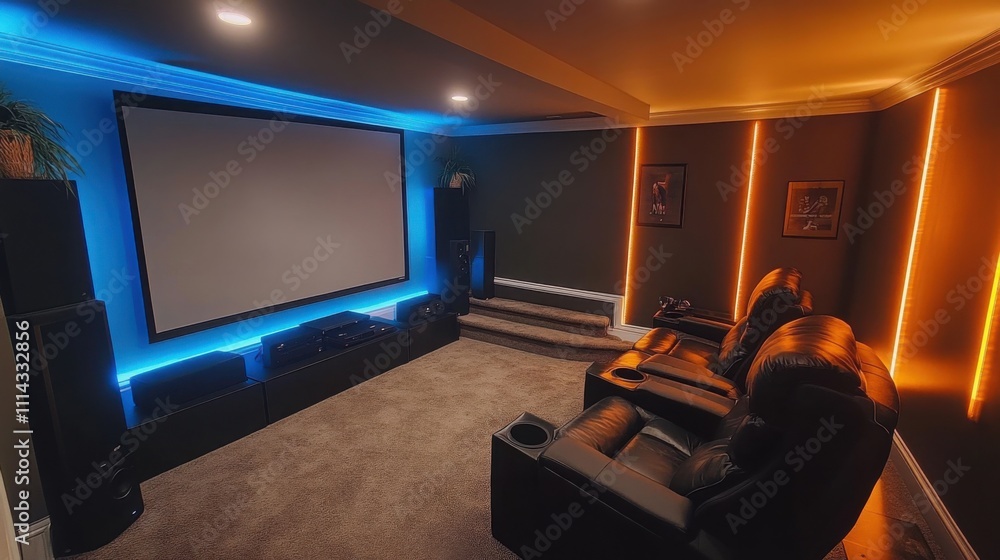 a sleek home theater setup in a modern basement, featuring a large screen a sleek home theater setup in a modern basement, featuring a large screen