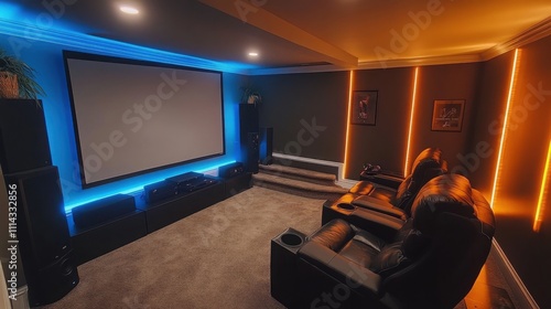 a sleek home theater setup in a modern basement, featuring a large screen