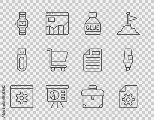 Set line Browser setting, Document settings, Glue, Board with graph, Wrist watch, Shopping cart, Briefcase and Marker pen icon. Vector