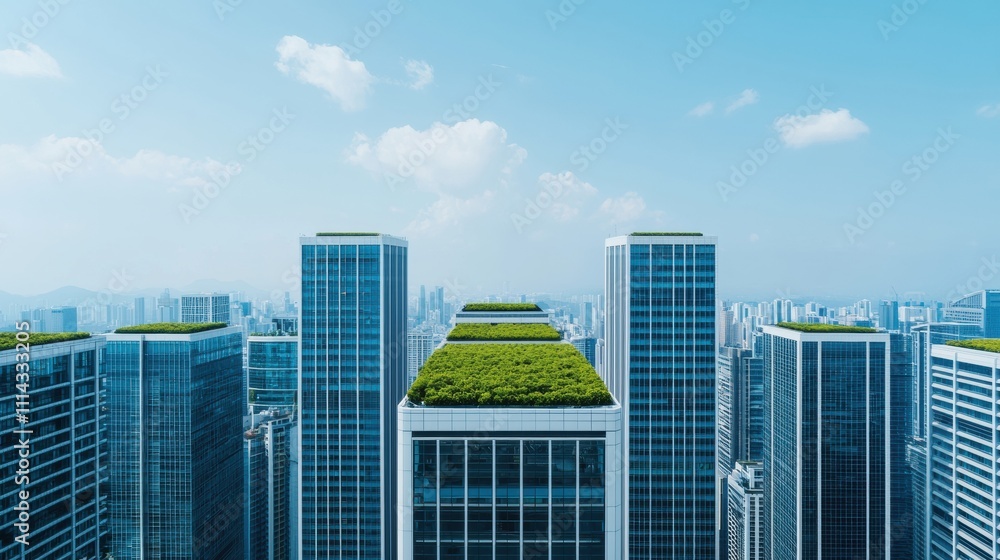 Fototapeta premium Futuristic cityscape showcasing green roofs promoting sustainable urban development