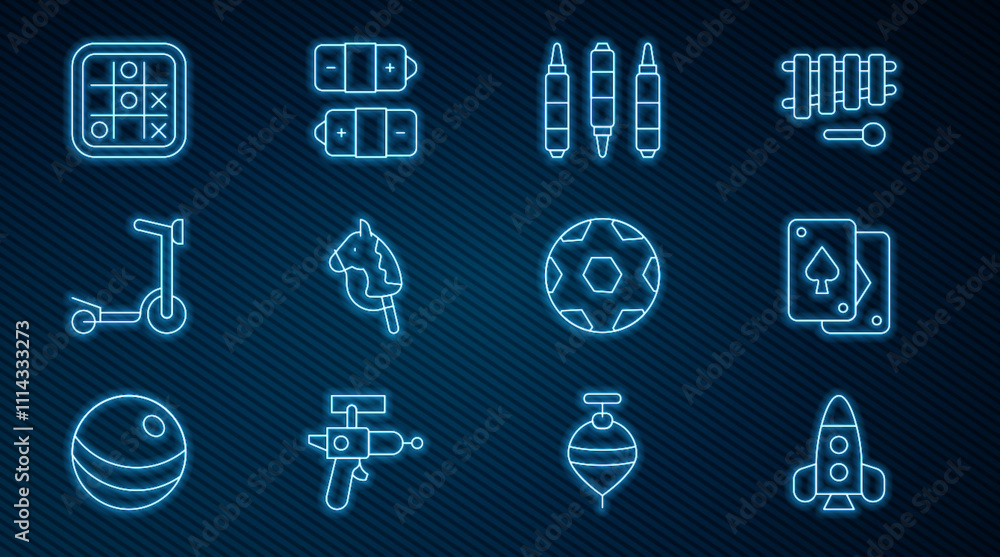 Set line Rocket ship toy, Playing cards, Marker pen, Toy horse, Roller scooter, Tic tac toe game, Soccer football ball and Battery icon. Vector Set line Rocket ship toy, Playing cards, Marker pen, Toy horse, Roller scooter, Tic tac toe game, Soccer football ball and Battery icon. Vector