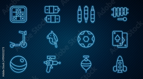 Set line Rocket ship toy, Playing cards, Marker pen, Toy horse, Roller scooter, Tic tac toe game, Soccer football ball and Battery icon. Vector