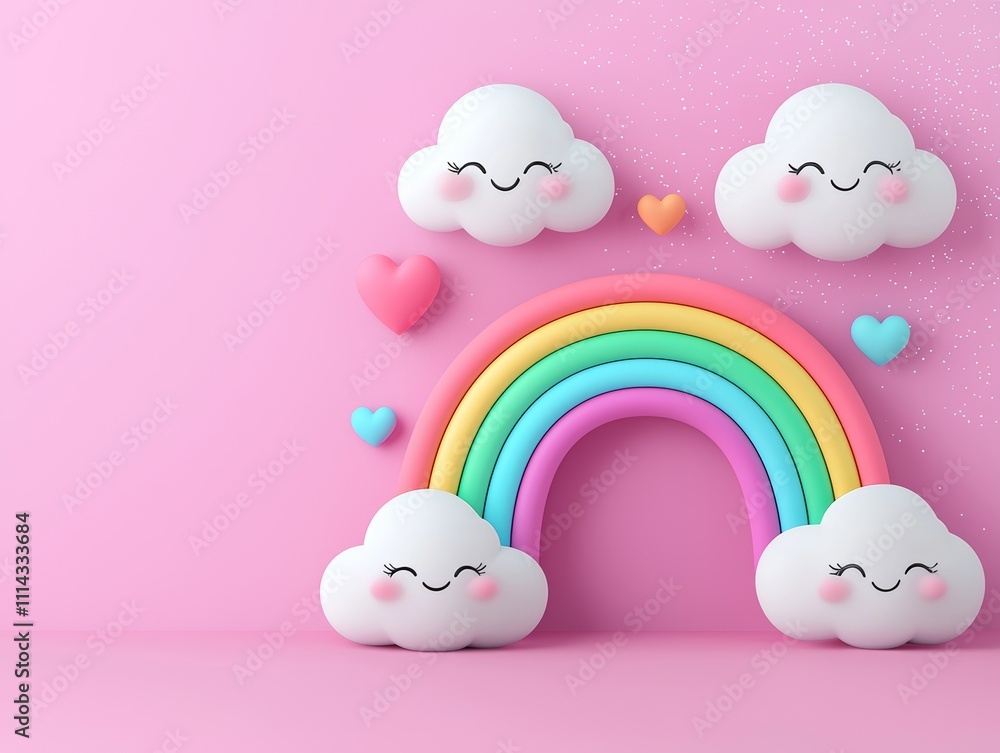 A joyful rainbow featuring smiling clouds and hearts, inspiring a sense of delight and whimsy. A joyful rainbow featuring smiling clouds and hearts, inspiring a sense of delight and whimsy.