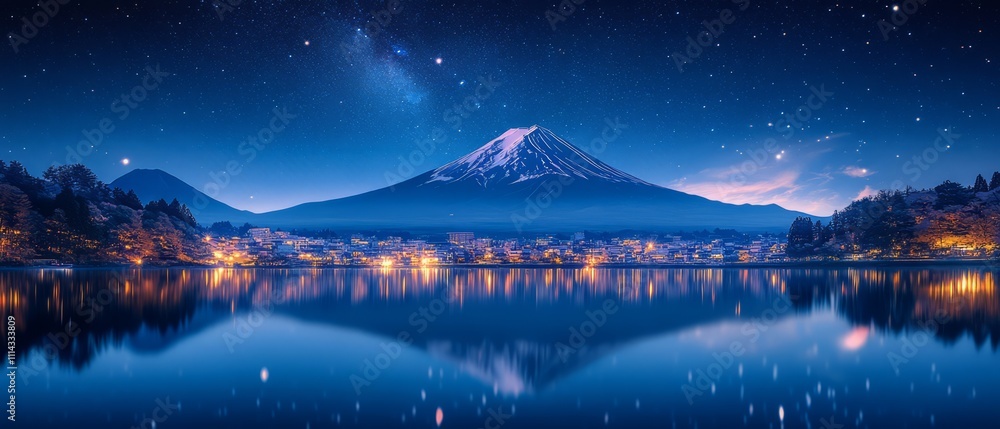 Fototapeta premium Japan sky at night, clear sky with many stars in Japan at night, with mount fuji at background
