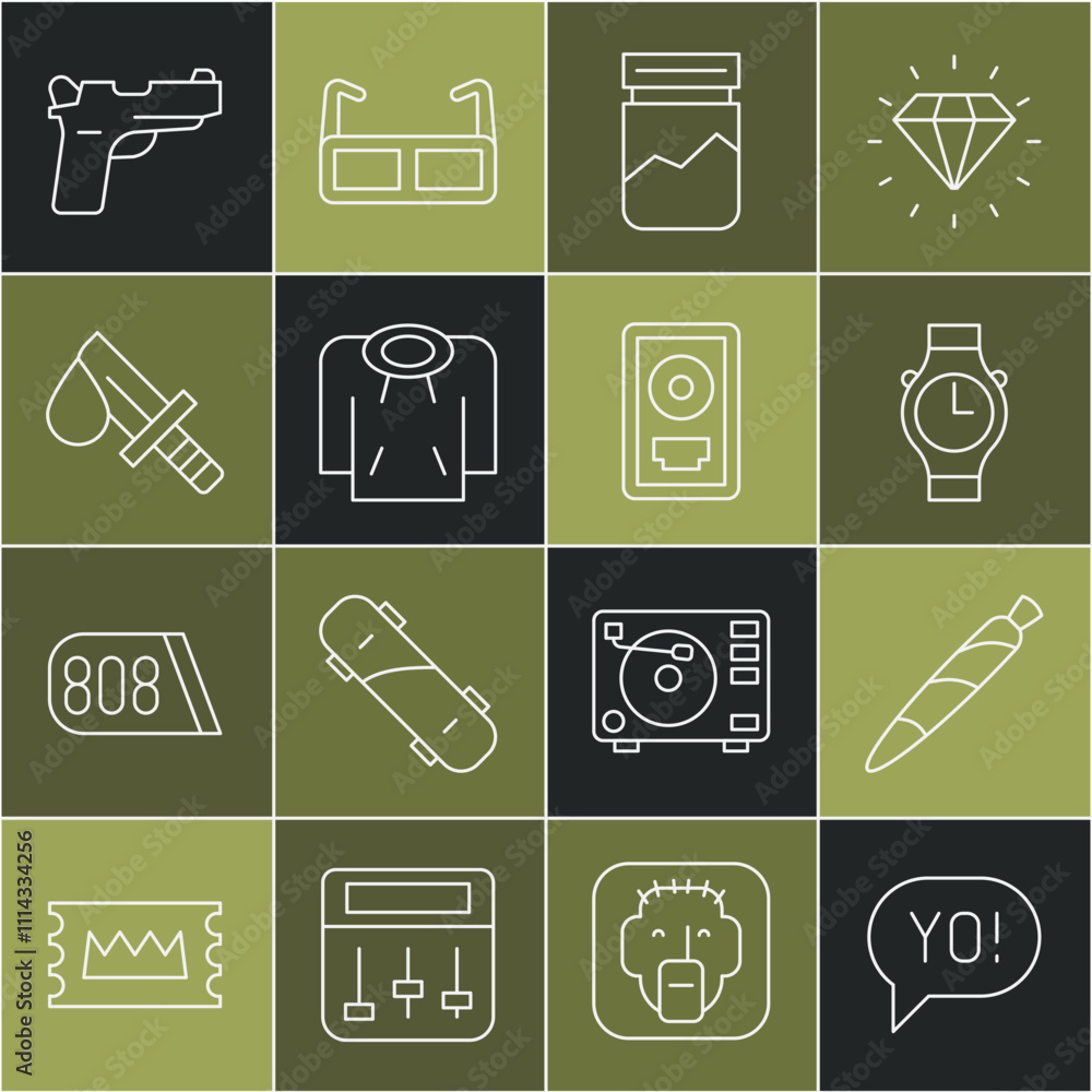 Set line Yo slang lettering, Marijuana joint, spliff, Wrist watch, Plastic bag of drug, Hoodie, Bloody knife, Pistol or gun and CD disk award frame icon. Vector Set line Yo slang lettering, Marijuana joint, spliff, Wrist watch, Plastic bag of drug, Hoodie, Bloody knife, Pistol or gun and CD disk award frame icon. Vector