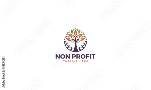Innovative Nonprofit Logo Vector Design, Symbols of Empowerment with Circle Kids Tree Colorful Leaf