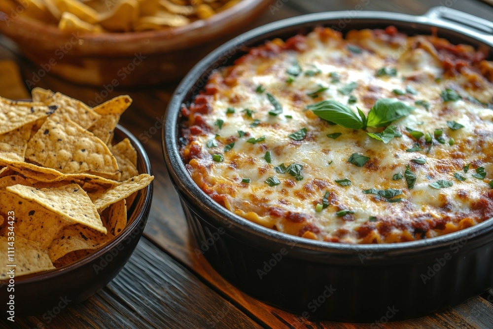 Cheesy layered casserole with chips and fresh toppings, perfect for casual gatherings Cheesy layered casserole with chips and fresh toppings, perfect for casual gatherings