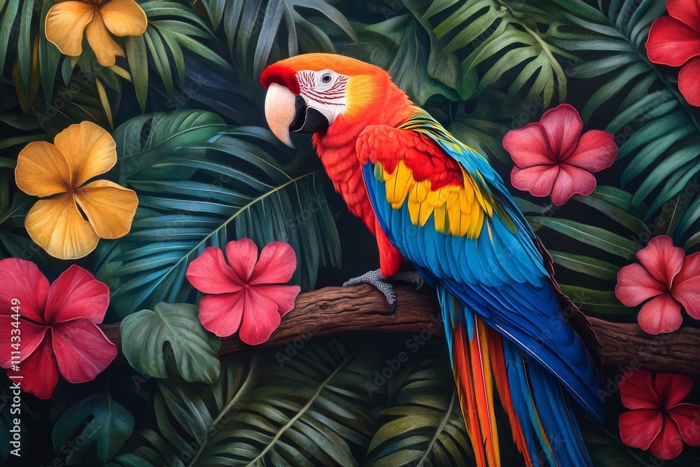 Fototapeta premium Colorful parrot perched on a branch surrounded by tropical flowers and lush greenery