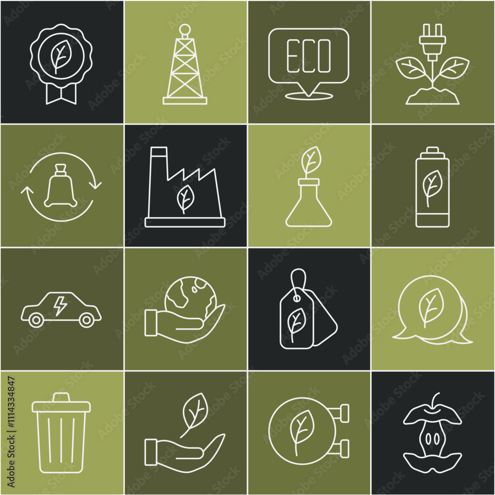 Set line Apple core, Leaf Eco symbol, nature leaf battery, Plant recycling garbage, Garbage with recycle, and breeding icon. Vector Set line Apple core, Leaf Eco symbol, nature leaf battery, Plant recycling garbage, Garbage with recycle, and breeding icon. Vector