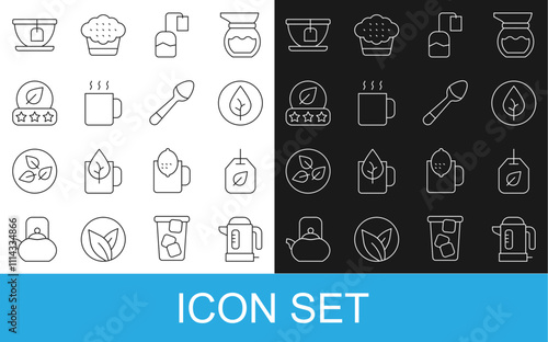 Set line Electric kettle, Tea bag with leaf, Cup of tea, and Teaspoon icon. Vector