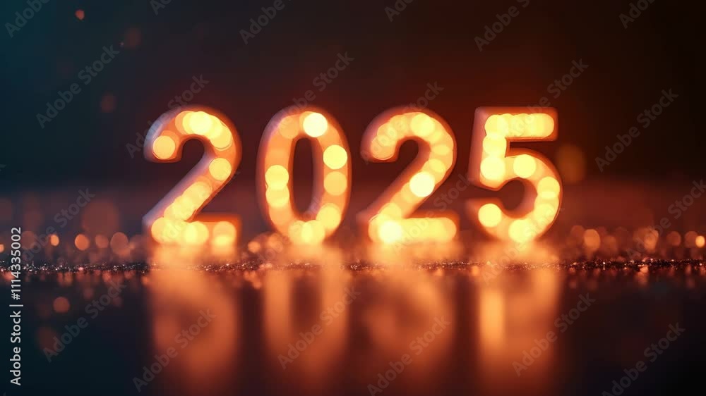 Animated Happy New Year 2025 card with glitter and warm colored lights. Animated Happy New Year 2025 card with glitter and warm colored lights.