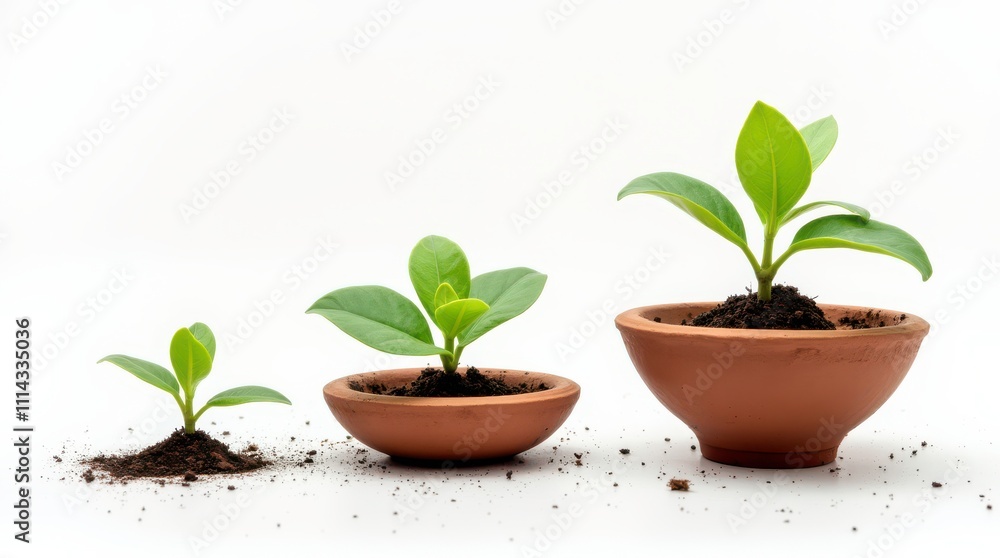 Ceramic Flower Pots With Soil Showcasing Varying Sizes of Young Plants Against a Plain Background. Generative AI Ceramic Flower Pots With Soil Showcasing Varying Sizes of Young Plants Against a Plain Background. Generative AI