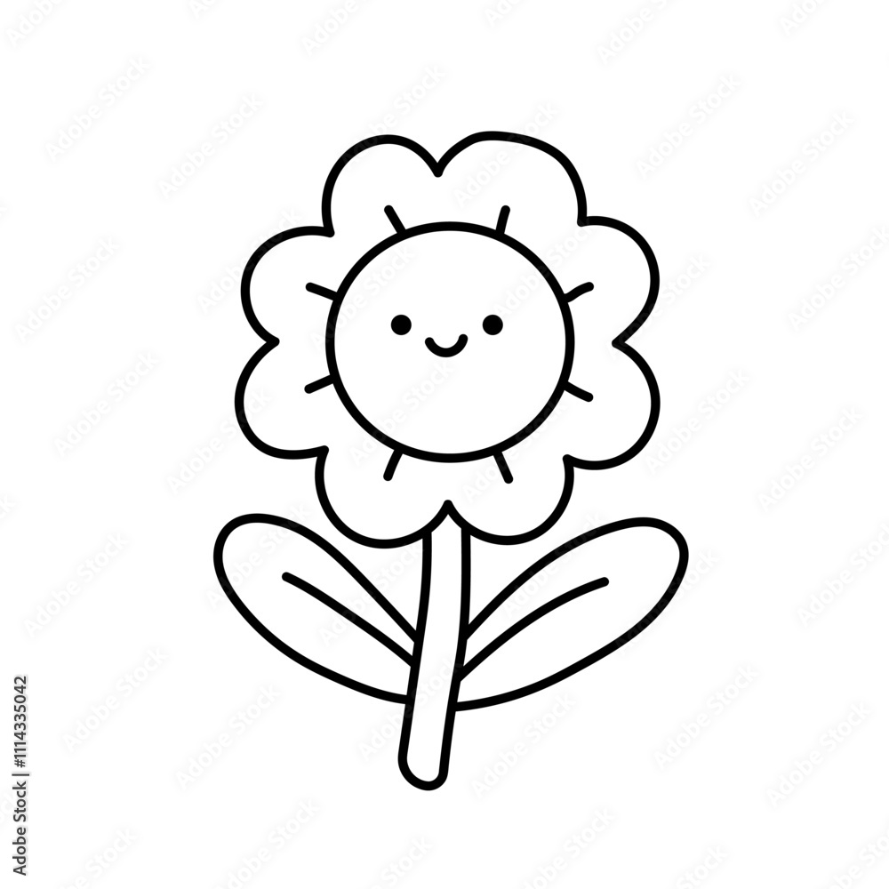 Obraz premium Cute kawaii flower. Black and white illustration, hand drawn coloring.