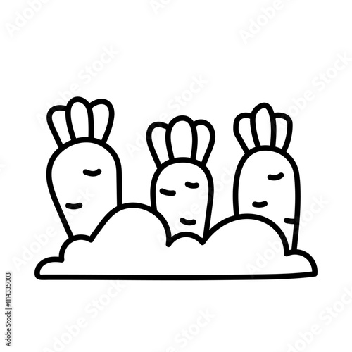 A bed with carrots, carrots in the ground. Black and white illustration, hand drawn coloring.