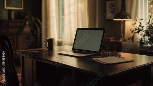 A dark wood desk with a metallic laptop, coffee mug, and open planner, creating a calming office space.