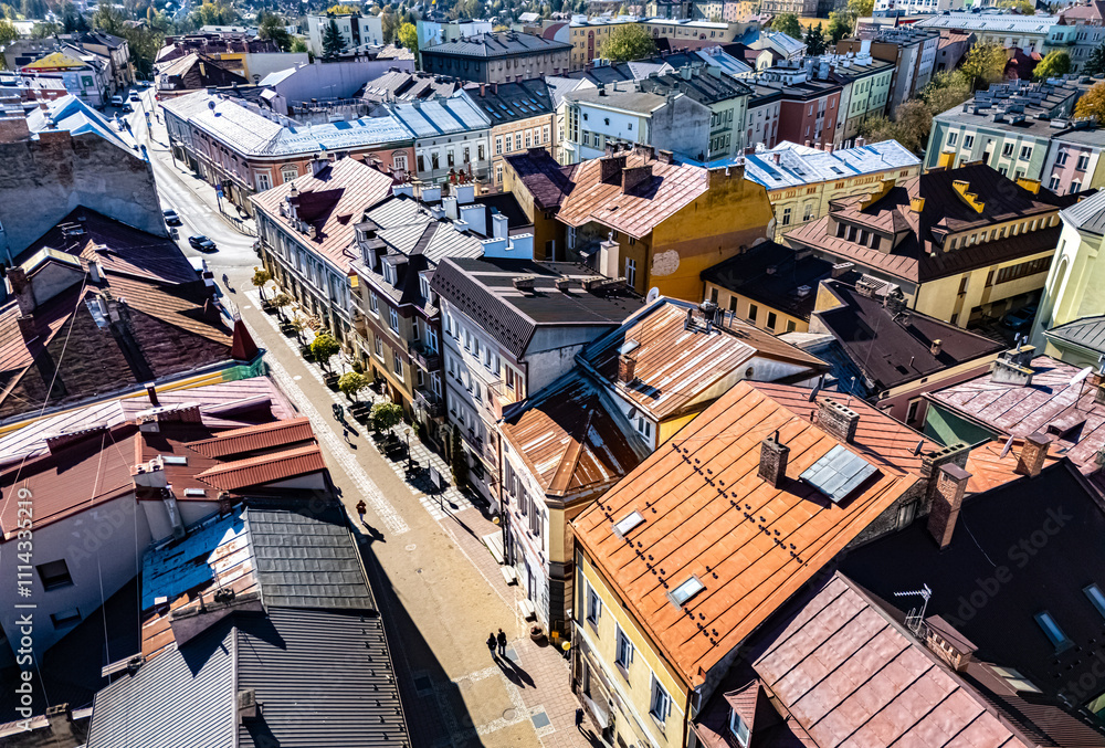 Fototapeta premium Aerial view of the sity of Sanok in Bieszczady Mountains, Poland