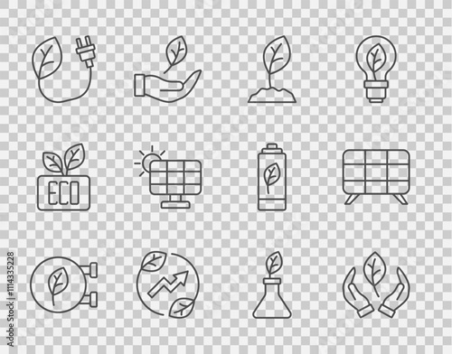 Set line Eco shop, Leaf in hand, Sprout, Electric saving plug leaf, Solar energy panel, Plant breeding and icon. Vector