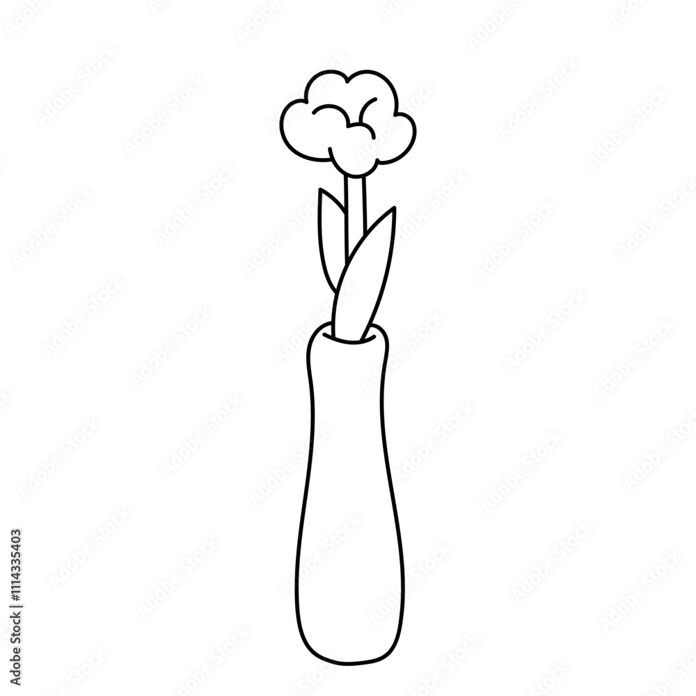 Flower in a vase. Black and white illustration, hand drawn coloring.