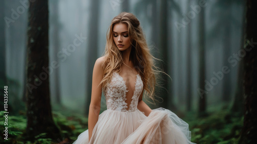 soft ethereal image of bride in flowing gown surrounded by misty forest. serene atmosphere enhances beauty of moment, creating dreamlike scene