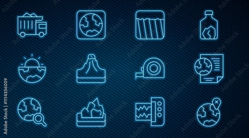Set line Location on the globe, Earth with document, Ground, Volcano, core structure crust, Mining dump truck, Roulette construction and icon. Vector Set line Location on the globe, Earth with document, Ground, Volcano, core structure crust, Mining dump truck, Roulette construction and icon. Vector