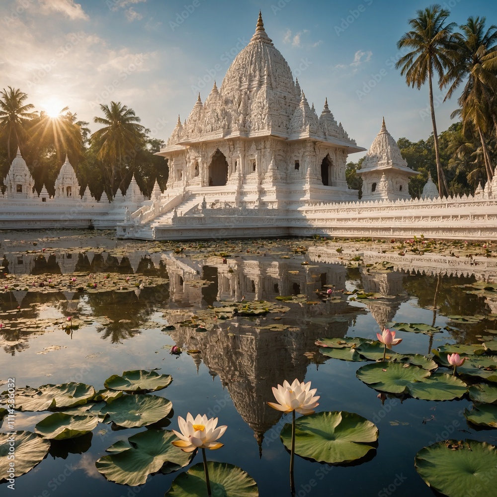 Obraz premium A white Hindu temple surrounded by a lotus-filled pond, its intricate carvings glistening in sunlight.