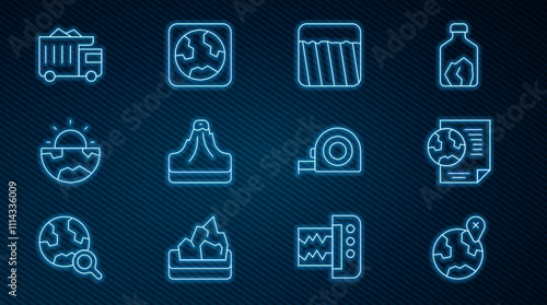 Set line Location on the globe, Earth with document, Ground, Volcano, core structure crust, Mining dump truck, Roulette construction and icon. Vector