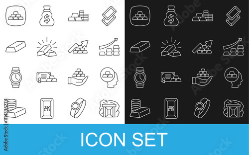 Set line Gold mine, bars, Growth arrow with gold, coin, and icon. Vector