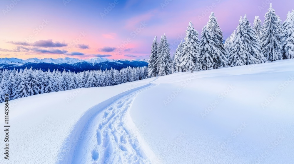 Obraz premium A tranquil winter scene at dawn, featuring snow-laden trees and a pathway.