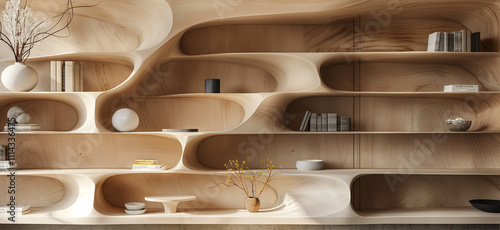 Virtual meeting background with trendy wooden asymmetrical shelves