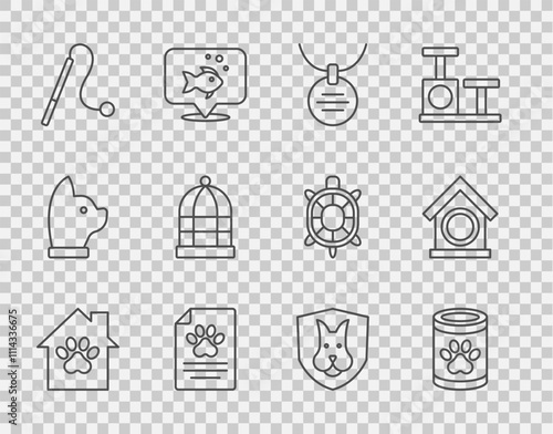 Set line Pet house, Canned food, Collar with name tag, Medical clinical record pet, cat toy, Cage for birds, Animal health insurance and Dog icon. Vector