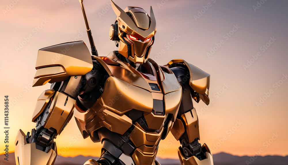 Fototapeta premium 3d render of evil robot, golden armored robot created with generative AI 