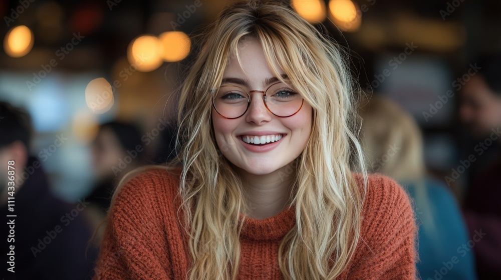 Smiling Young Woman with Glasses in Cozy Atmosphere, Capturing Joy and Warmth in a Cafe Setting with Soft Lighting Creating a Relaxed Ambiance Smiling Young Woman with Glasses in Cozy Atmosphere, Capturing Joy and Warmth in a Cafe Setting with Soft Lighting Creating a Relaxed Ambiance