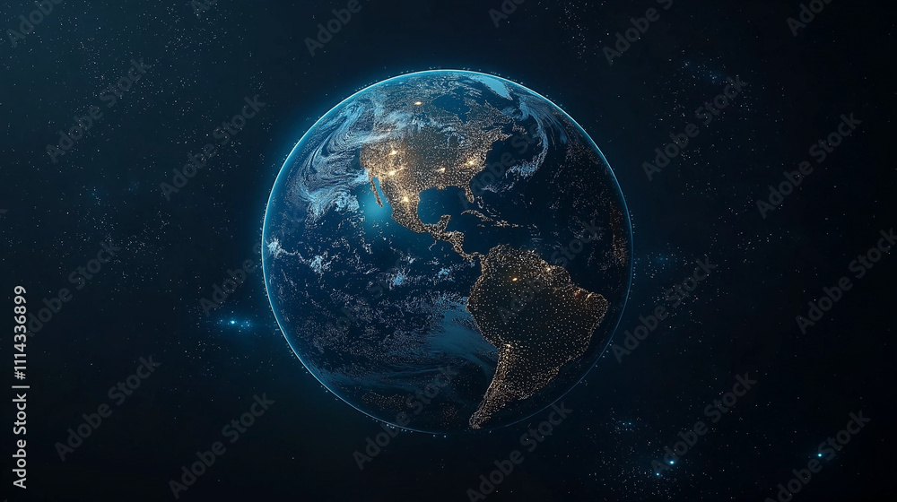 Fototapeta premium Earth's Embrace: A mesmerizing view of Earth from space, bathed in the ethereal glow of city lights and a cosmic tapestry of stars. This image evokes wonder, connection.