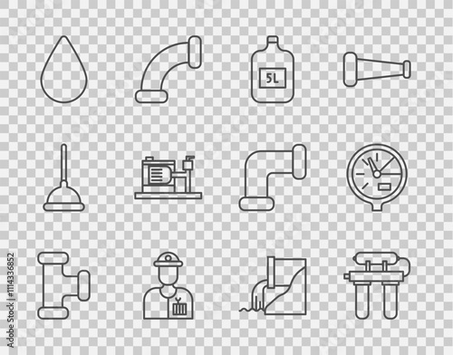 Set line Industry metallic pipe, Water filter, Big bottle with clean water, Plumber, drop, Electric pump, Wastewater and meter icon. Vector