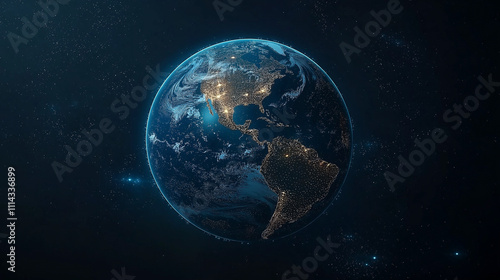 Earth's Embrace: A mesmerizing view of Earth from space, bathed in the ethereal glow of city lights and a cosmic tapestry of stars. This image evokes wonder, connection.