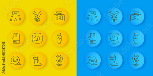 Set line Boxing helmet, MMA glove, Smart watch with heart, short, Sport mechanical scoreboard and Medal icon. Vector