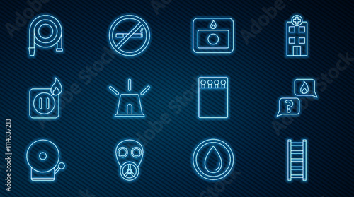 Set line Fire escape, Phone with emergency call 911, alarm system, Flasher siren, Electric wiring of socket in fire, hose reel, Open matchbox and matches and No Smoking icon. Vector