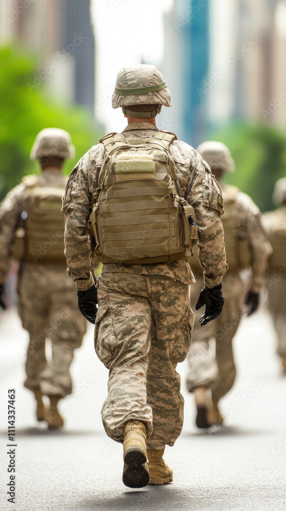 A group of soldiers walking confidently in the city streets. A group of soldiers walking confidently in the city streets.