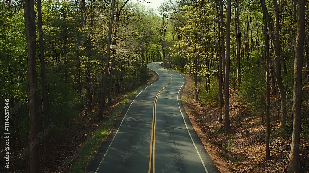 Obraz premium Winding Road Through Lush Springtime Forest Canopy