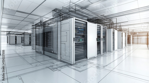 Fototapeta Naklejka Na Ścianę i Meble -  Data center blueprint with server racks and technical details